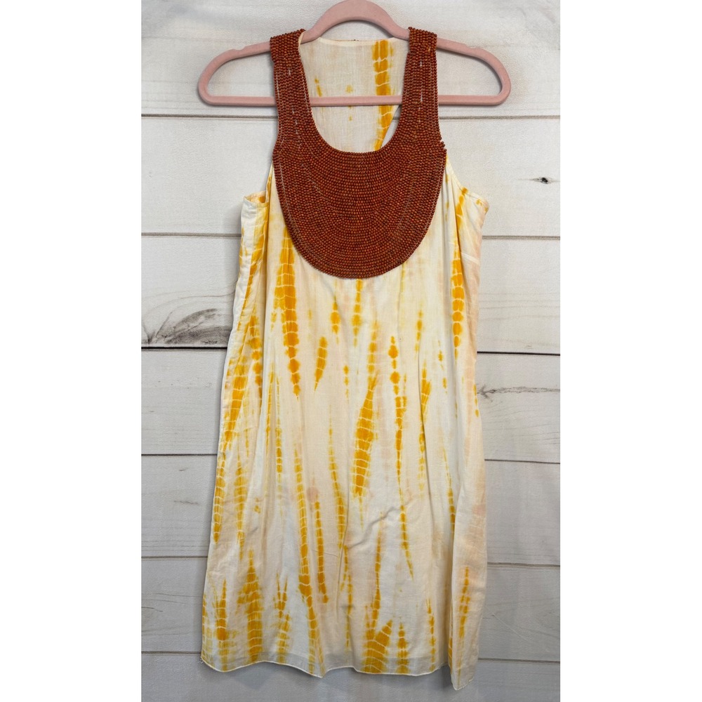 Gretchen Scott Tie Dye Beaded Bib Racerback Shift Dress Yellow White Small NWT